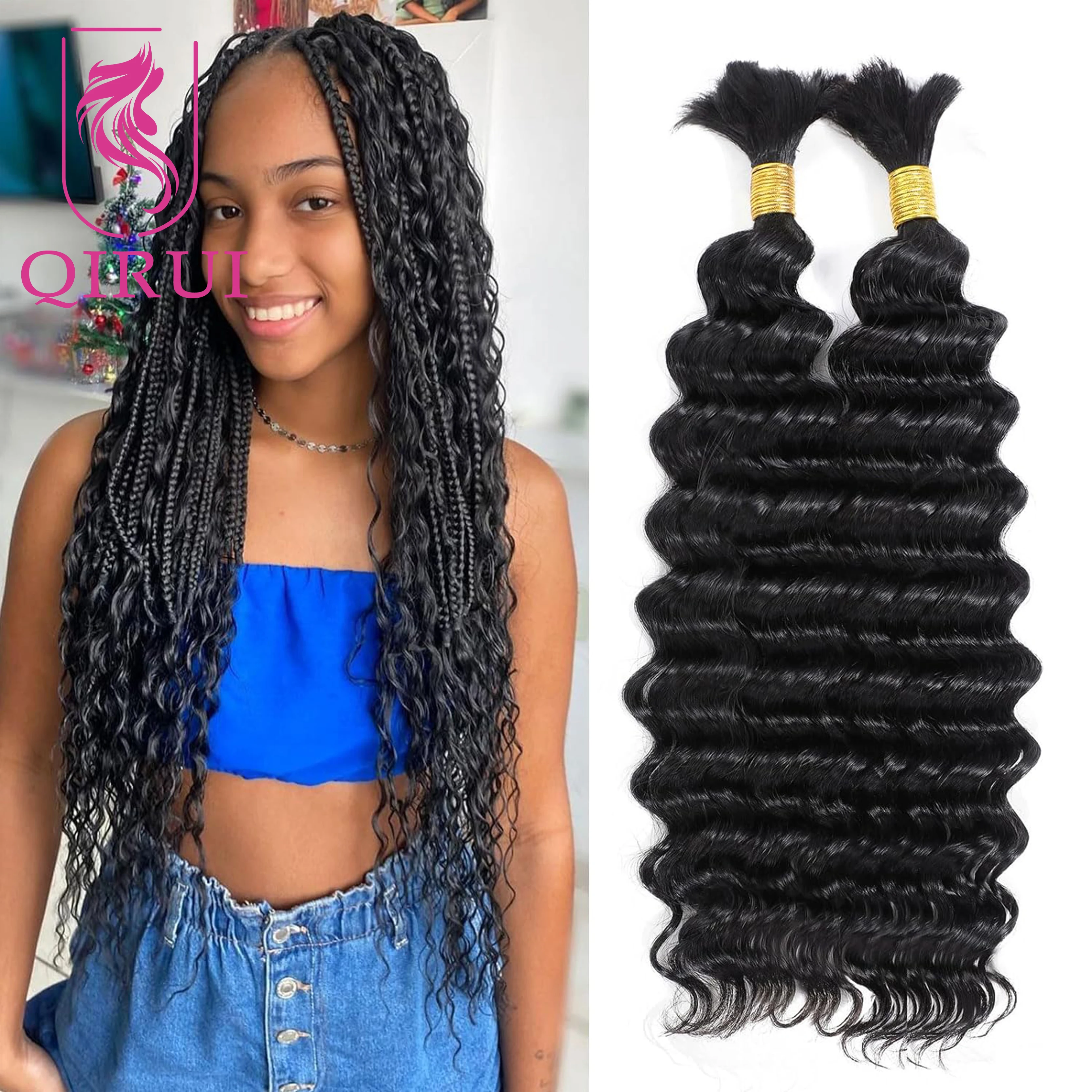 

Double Drawn Deep Wave Bulk Human Hair For Braiding Wholesale Burmese Boho Braids Human Hair Extensions No Weft 1/2/3Bundles