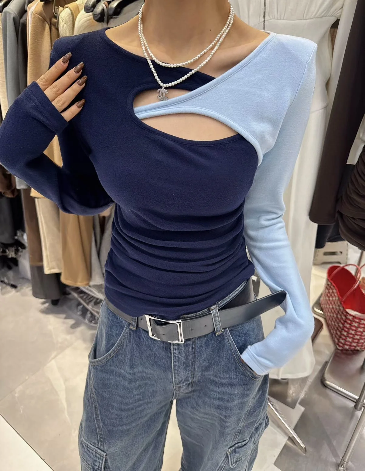 

Korean Sle Slim Fit Long Sve T-irt Women's Faux Two-Piece oulder Angle irt Winter New Arrival Comfortable Cotton Soft