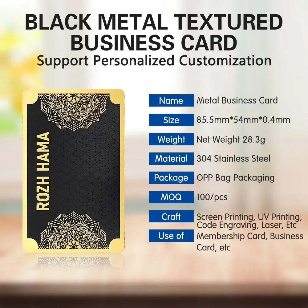 بطاقة عمل مخصصة فاخرة باللون الأسود للزيارة بطاقة ائتمان معدنية ذهبية اللون مطبوعة معدنية مخصصة مع شعار ورمز Qr