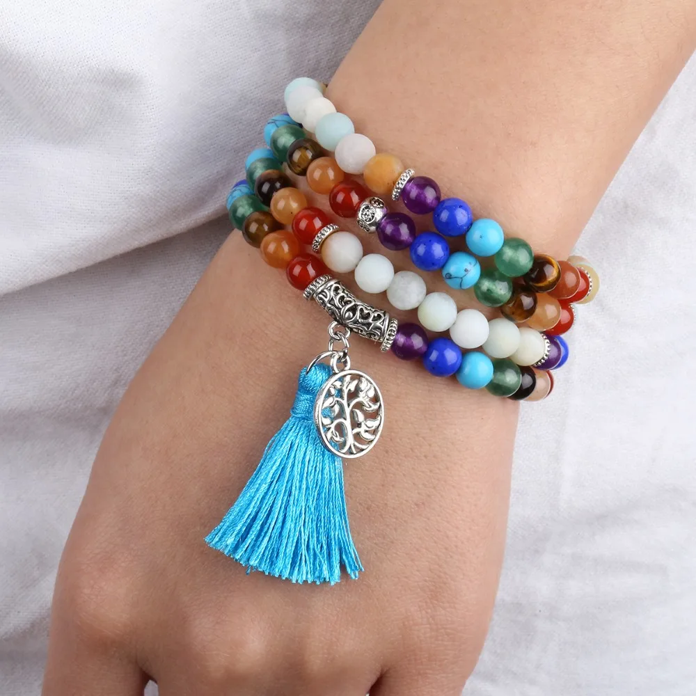 6mm Amazonite Stone 108 Beads Mala With Tassels Metal Life Tree Charm Jewelry 7 Chakra Crystal Healing Energy Beaded Bracelet