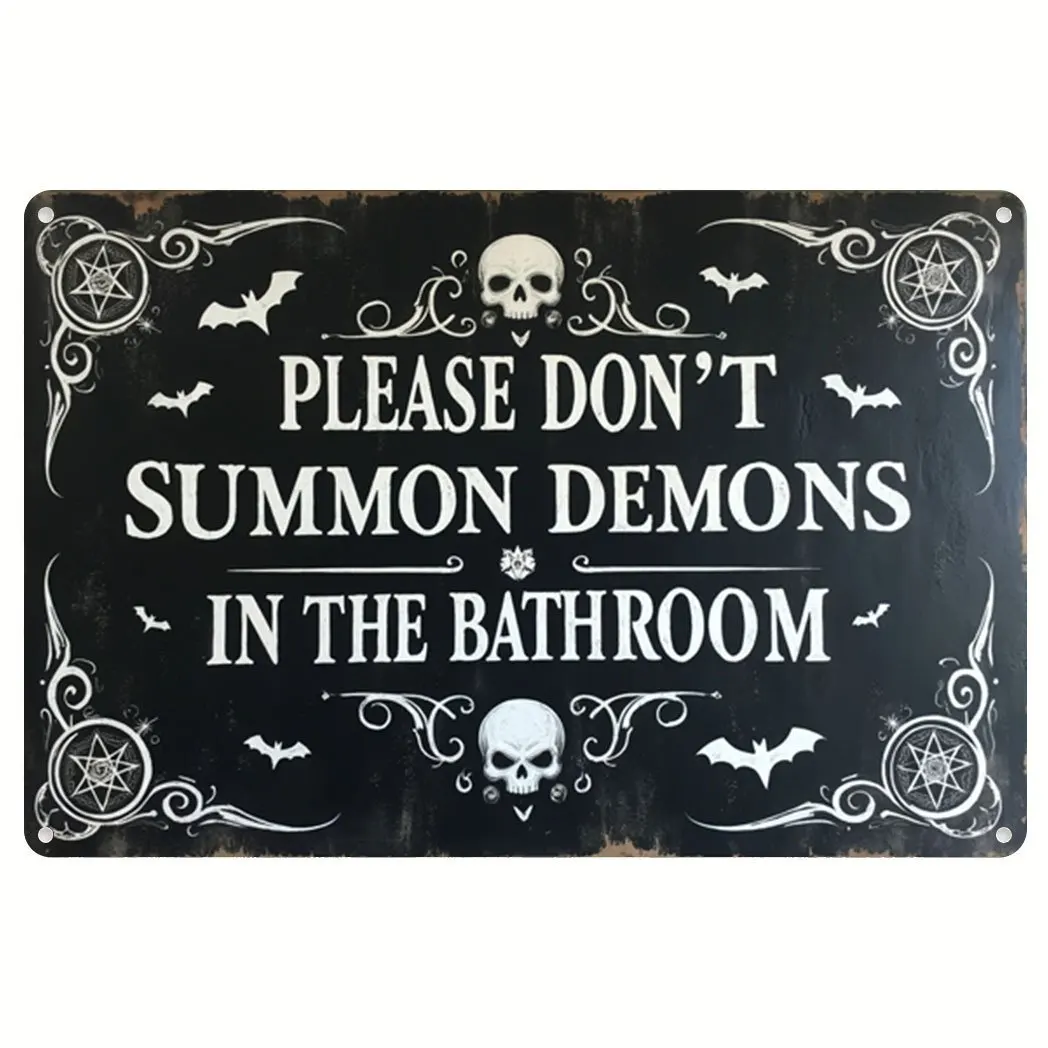 2D Flat Vampire Retro Tin Sign, Gothic Halloween Wall Decor with Skull Bat & Humor Quote, Distressed Metal Farmhouse Wall Art fo