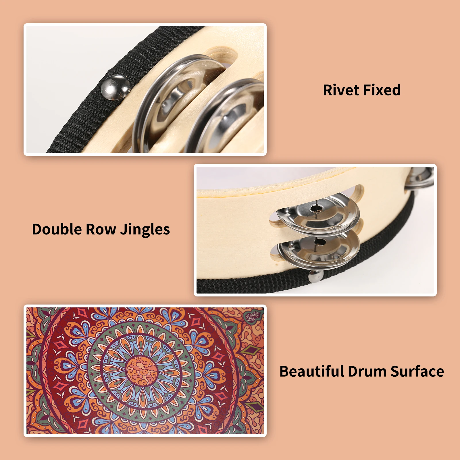 8 بوصة خشبية الدف Handbell طبلة يدوية مع صف مزدوج 12 قطعة الصنج المعدني الأناشيد آلة قرع موسيقية للأطفال