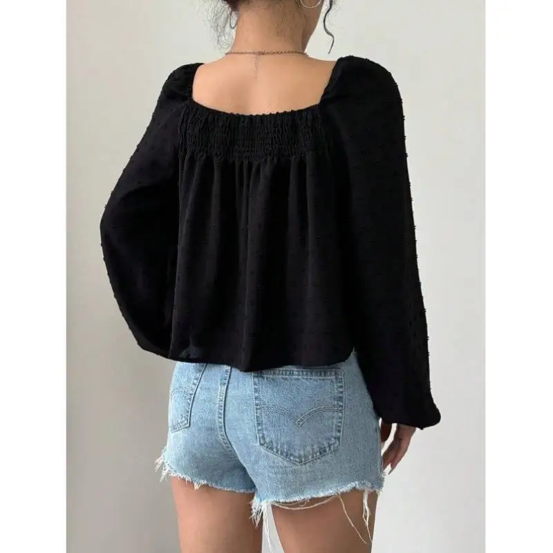 Pure Color Square Collar Long Sve irt L 2789 Cross-Border Sle Casual Women's irt Poly Fabric Fce Lined