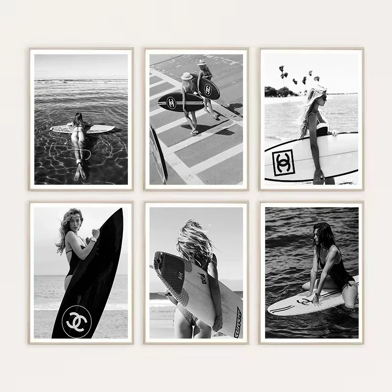 Canvas Painting Moda En Blanco Y Negro De Chica Surfista En La Playa, Tabla De Surf, Paisaje Marino, Pintura En Lienzo, Imáge