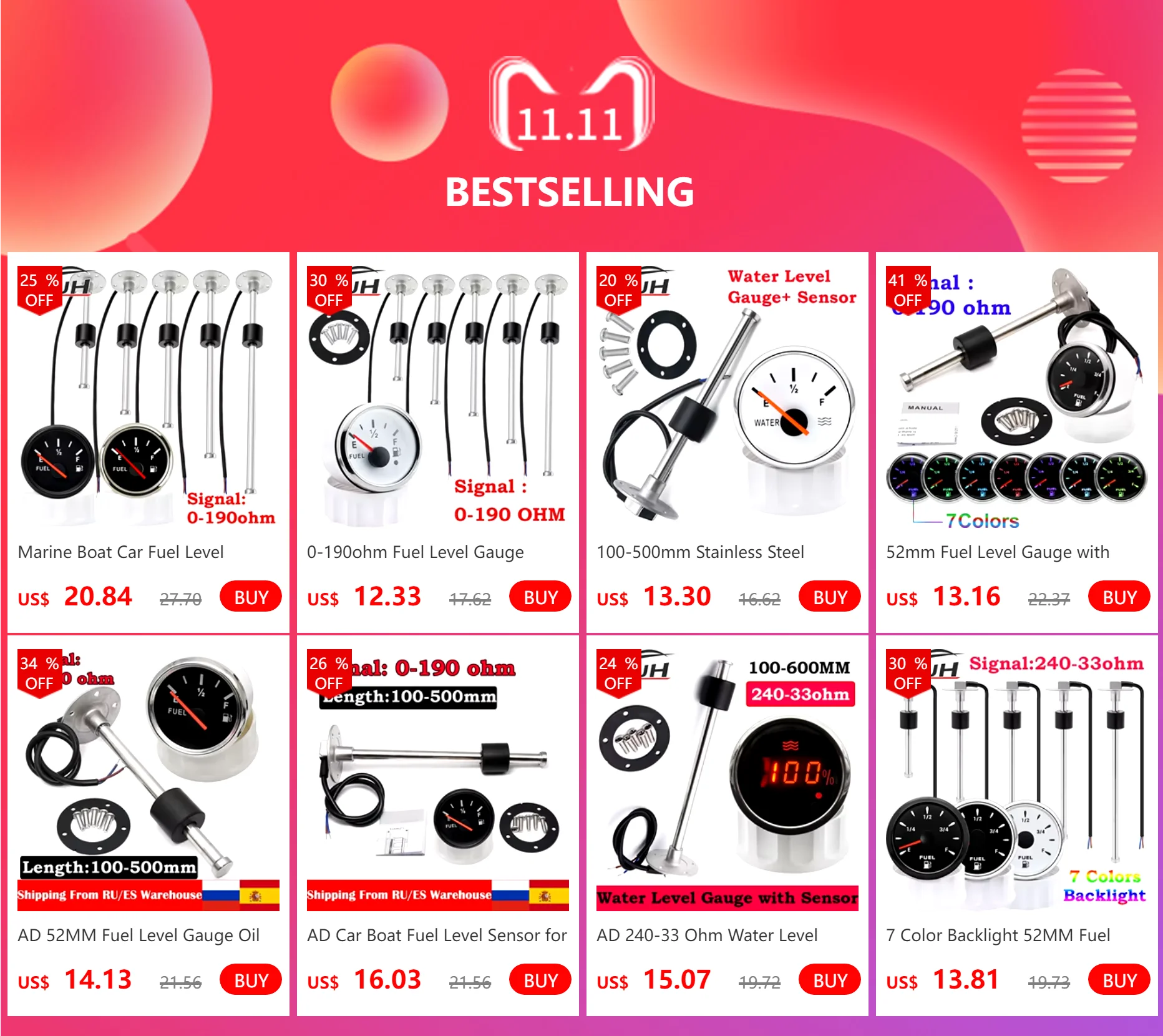 100–500 mm Edelstahl Marine Wasserstandsanzeige Sensor passend für Boot Auto Wasserstandsanzeige 0–190 Ohm mit roter Hintergrundbeleuchtung 9–32 V – Detail 1