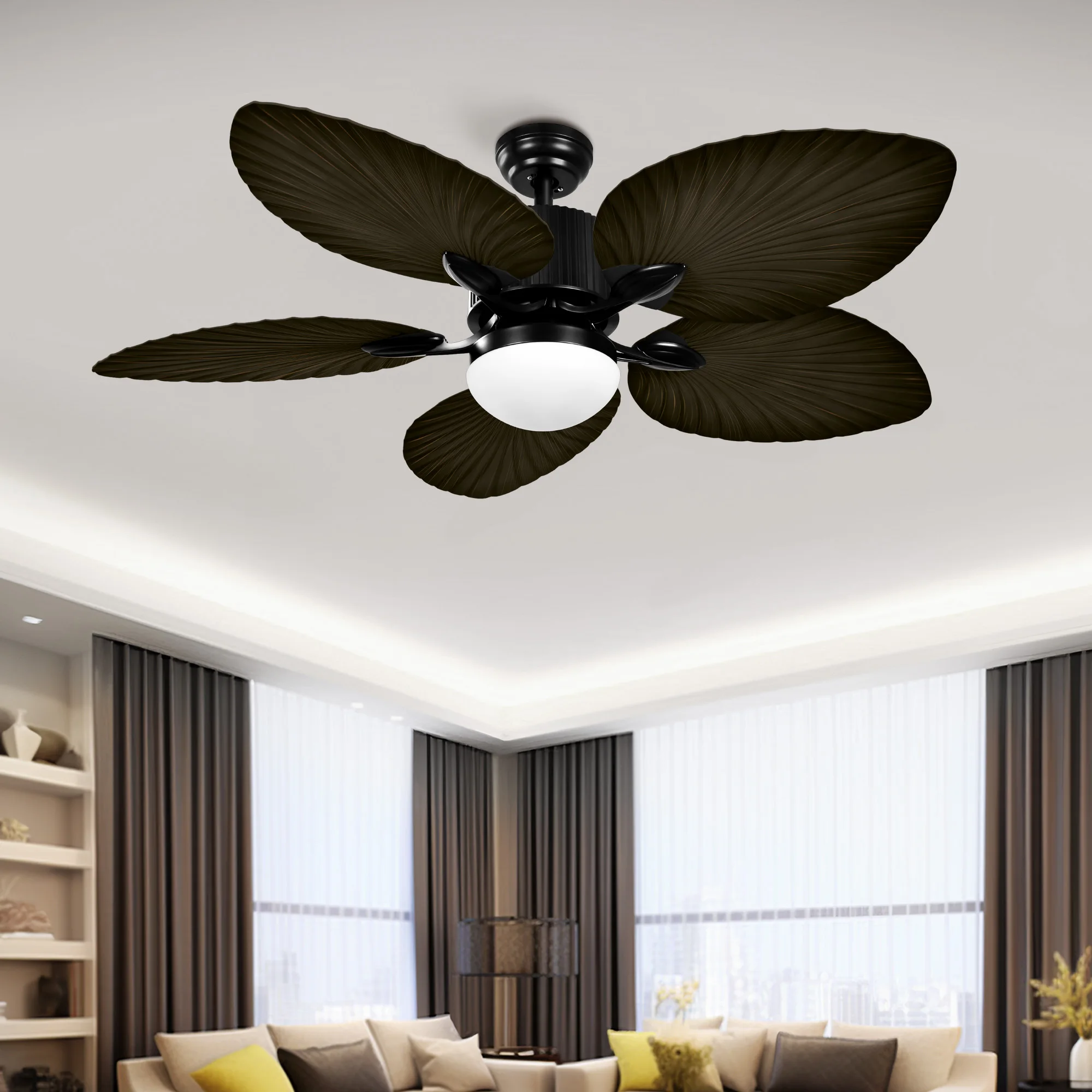 52'' Tropical Ceiling Fan with LED Light & Remote Outdoor Patio Palm Leaf Fan