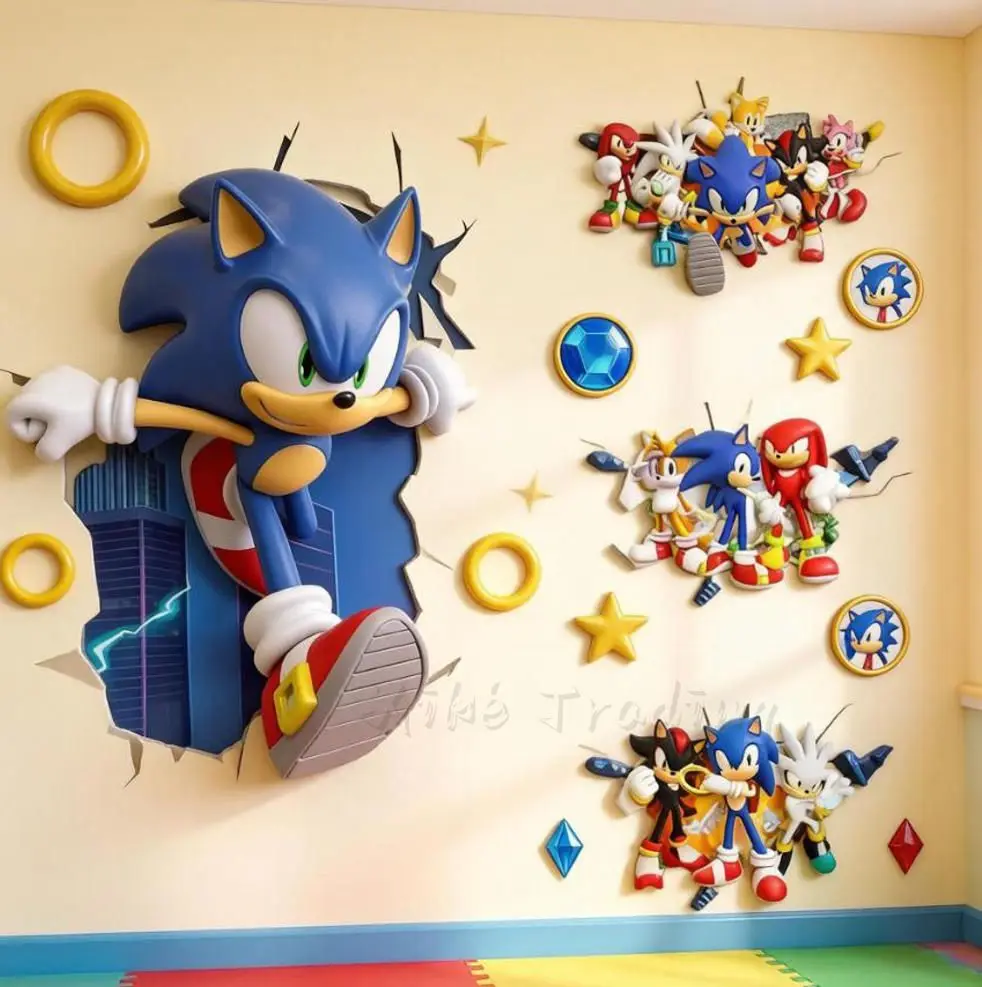 Pegatinas 3D de Amy, Tails, Knuckles, Shadow y Silver de Sonic, Calcomanías de Pared de Anime de Sonic para Habitaciones Infantiles (PVC Autoadhesivo) Regalo