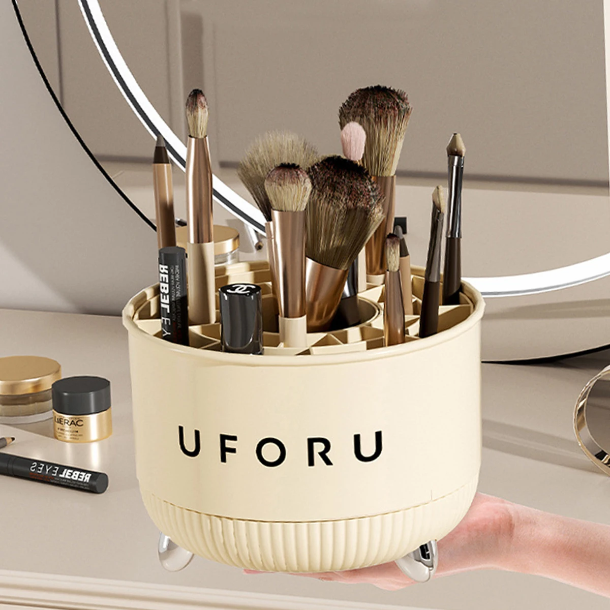 Cream White 360° Rotating Makeup Brush Holder with Wheels, Large Capacity Desk Organizer for Cosmetics & Stationery