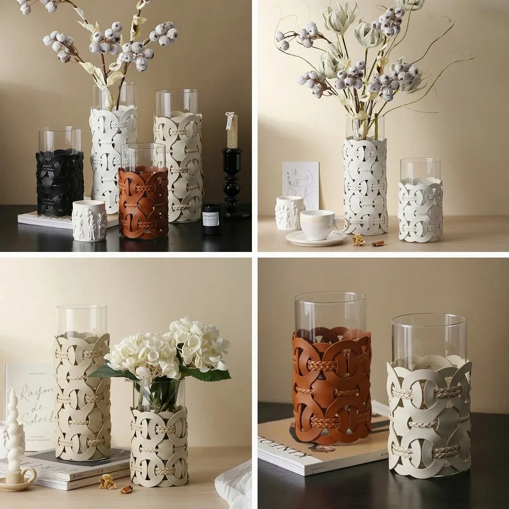 

AhunderJiaz Light Luxury Handmade Woven Leather Vase Modern Straight Vase Desktop Decoration Artistic Ornaments Home Decor