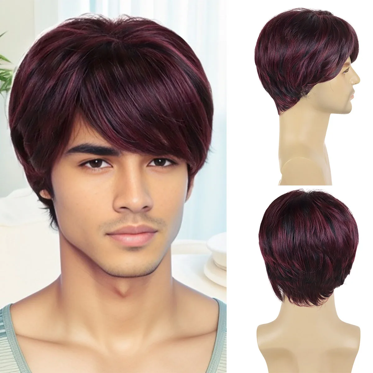 Short Haircuts Wigs Men Hair Synthetic Wig with Bangs Mixed Purple Wigs Red Cosplay Drag Party Straight Clearance Sale Cheap Wig