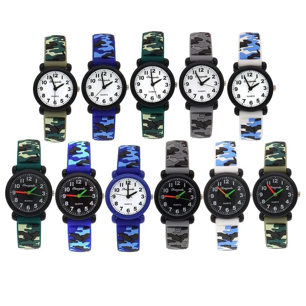 Кварцевые часы с камуфляжным силиконовым ремешком для мальчиков и девочек, водонепроницаемые цифровые детские часы