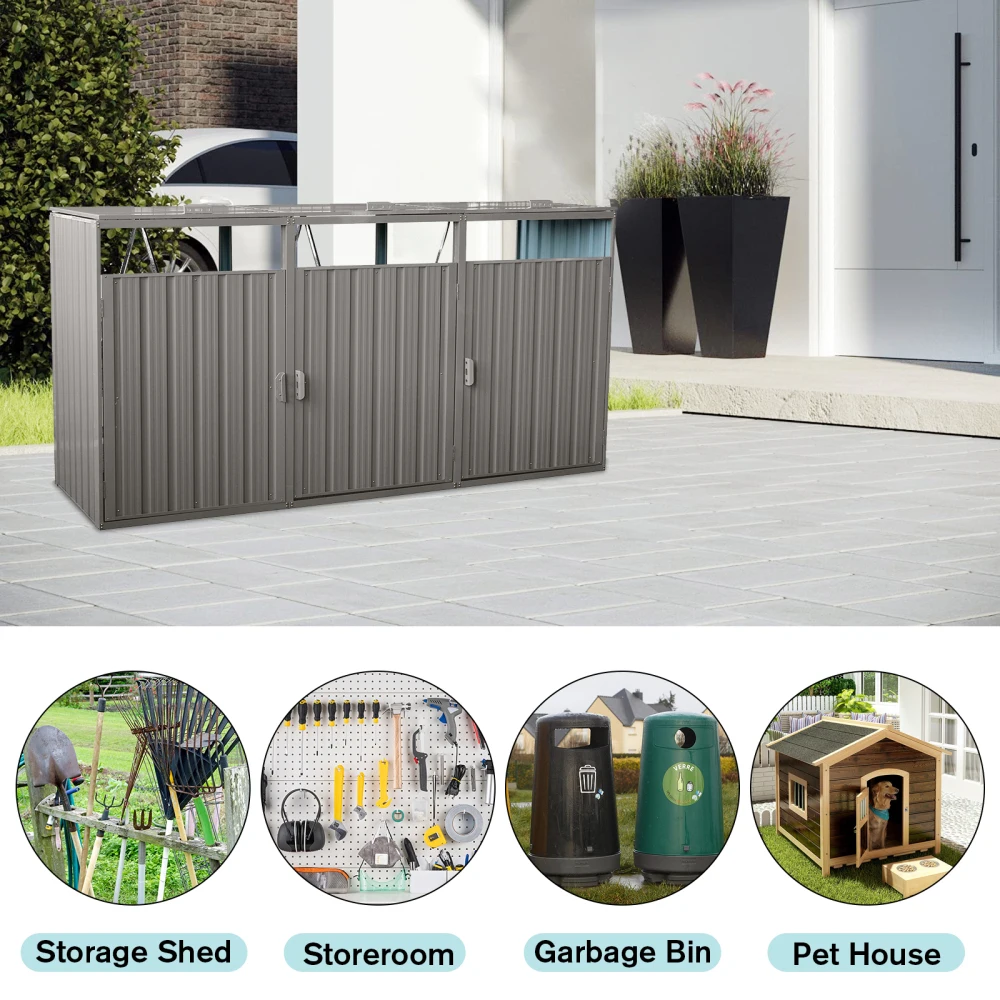 Garbage Bin Shed Stores 3 Trash Cans Metal Outdoor Bin Shed for Garbage Storage,Stainless Galvanized Steel, Bin Shed for Garden