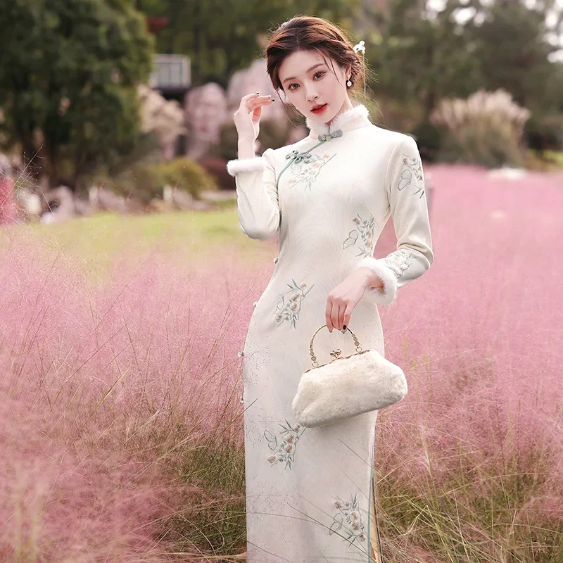 

Chinese Traditional Qipao Dress Cheongsam Women's Clothing Autumn Winter Gentle Flower Temperament Elegant Embroidery Vintage