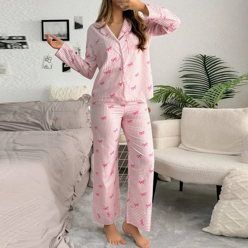 Autumn Lounge 2 Piece Sleepwear Bow Striped Print Pajama Set Sweet Cute Button Up Full Sleeve Blouse Tops Shirt + Pants Women