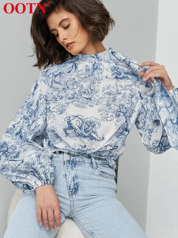 OOTN Fashion Print Blouse Woman Loose Lantern Sleeve Chic Shirts Female Elegant Stand Collar Top Summer Casual Woman Clothes