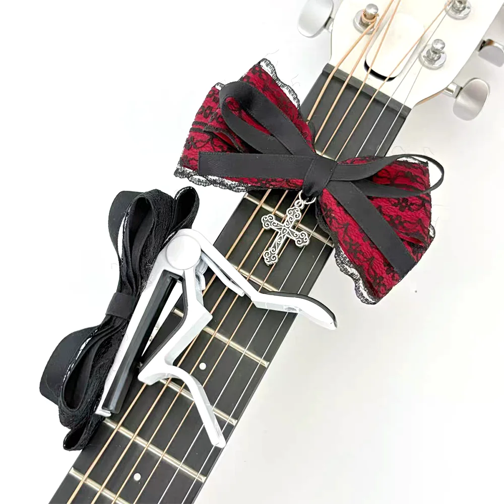 Gothic Lace Guitar Headstock Bow - Black & White Guitar Accessory with Cross Pendant for Acoustic Electric Guitar Ukulele