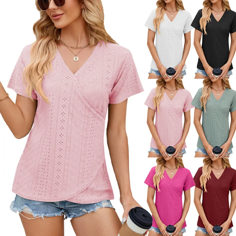 

2025Popular2025Popular European and American New Spring and Summer NewVCollar Solid Color Loose Short SleeveTWomen's-shi