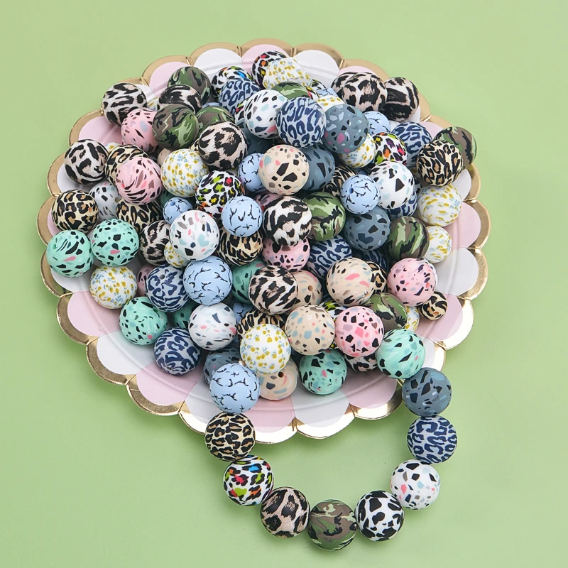 200Pcs 15mm Silicone Bead Leopard Print Camouflage Round Baby Teething Bead Food Grade DIY Pacifier Chain Toy  Accessories