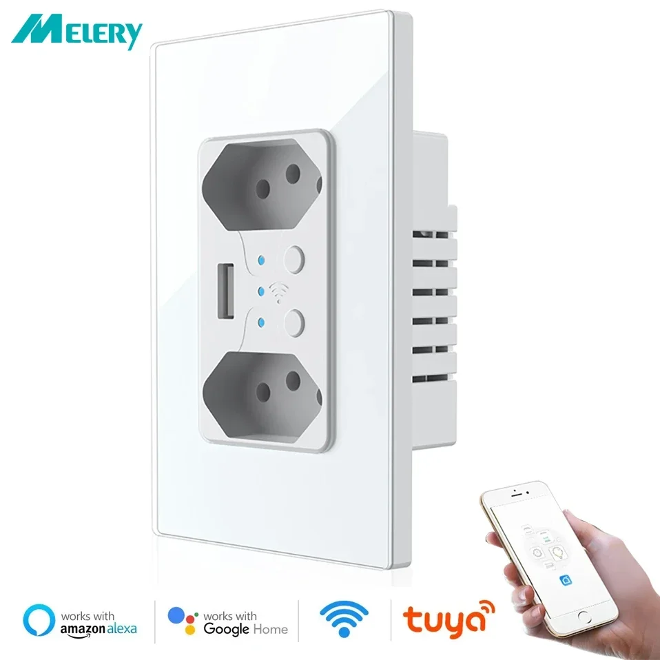 Melery Brazil WiFi Smart Wall Socket USB Tuya Electrical Plug Outlet PC/Glass Panel Alexa Google Home,Whole House Intelligence