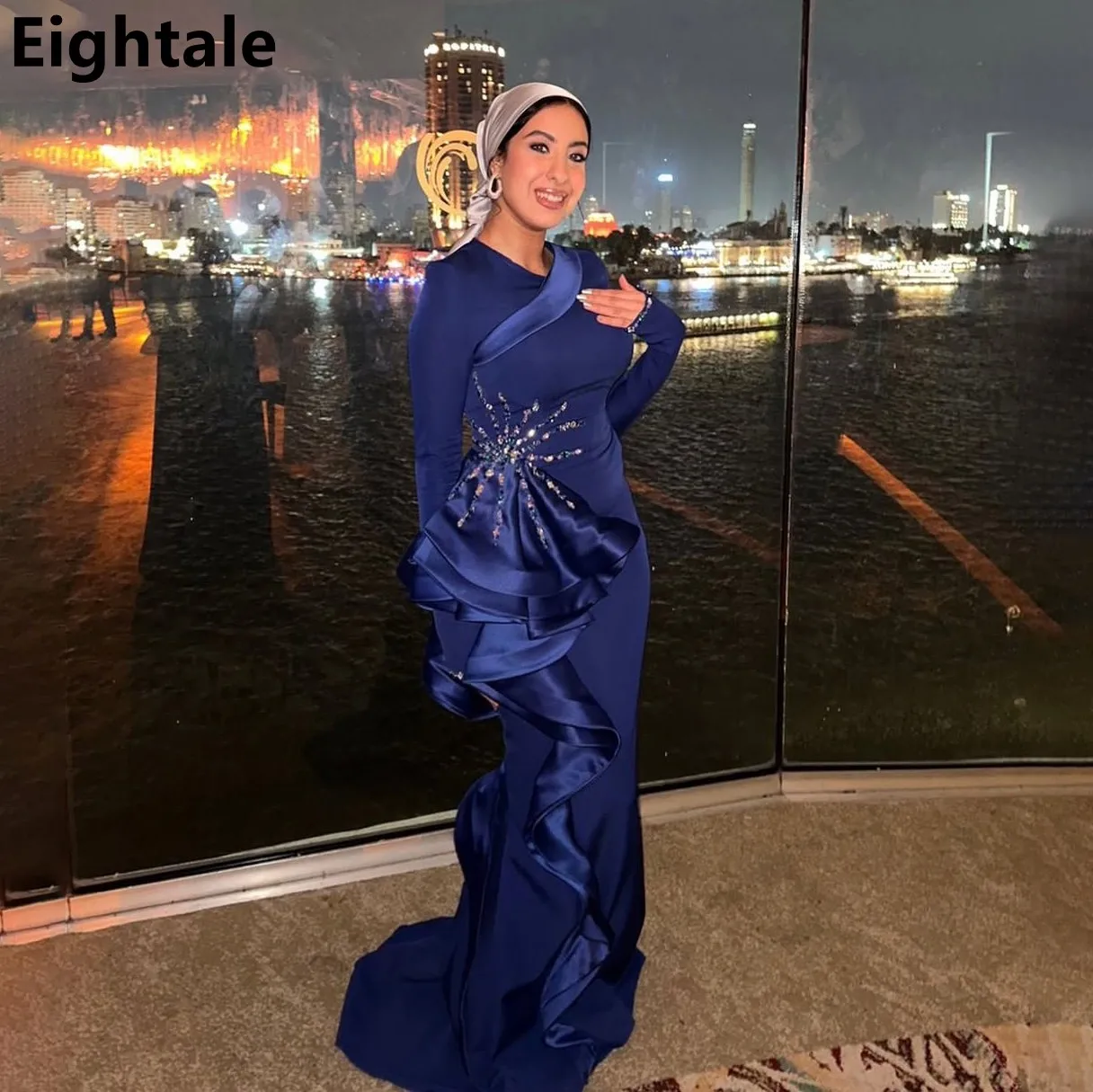 

Eightale 2025 Navy Blue Saudi Arabic Evening Dress Mermaid Long Sleeve Prom Party Dress Women Formal Gowns Customized