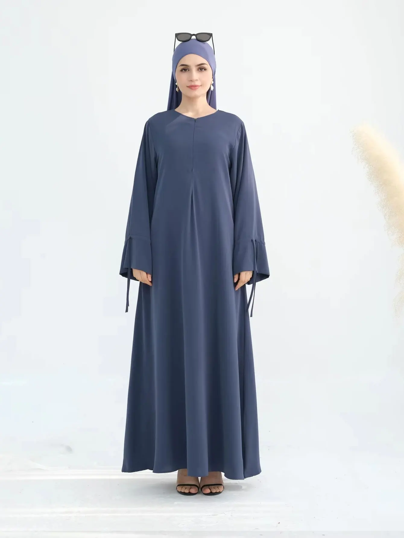 

New Muslim Abaya Navy Blue Long Sleeve Belted Dress Ruffle Cuff Bow Detail Islam Clothing for Women Premium Fabric Dubai Style