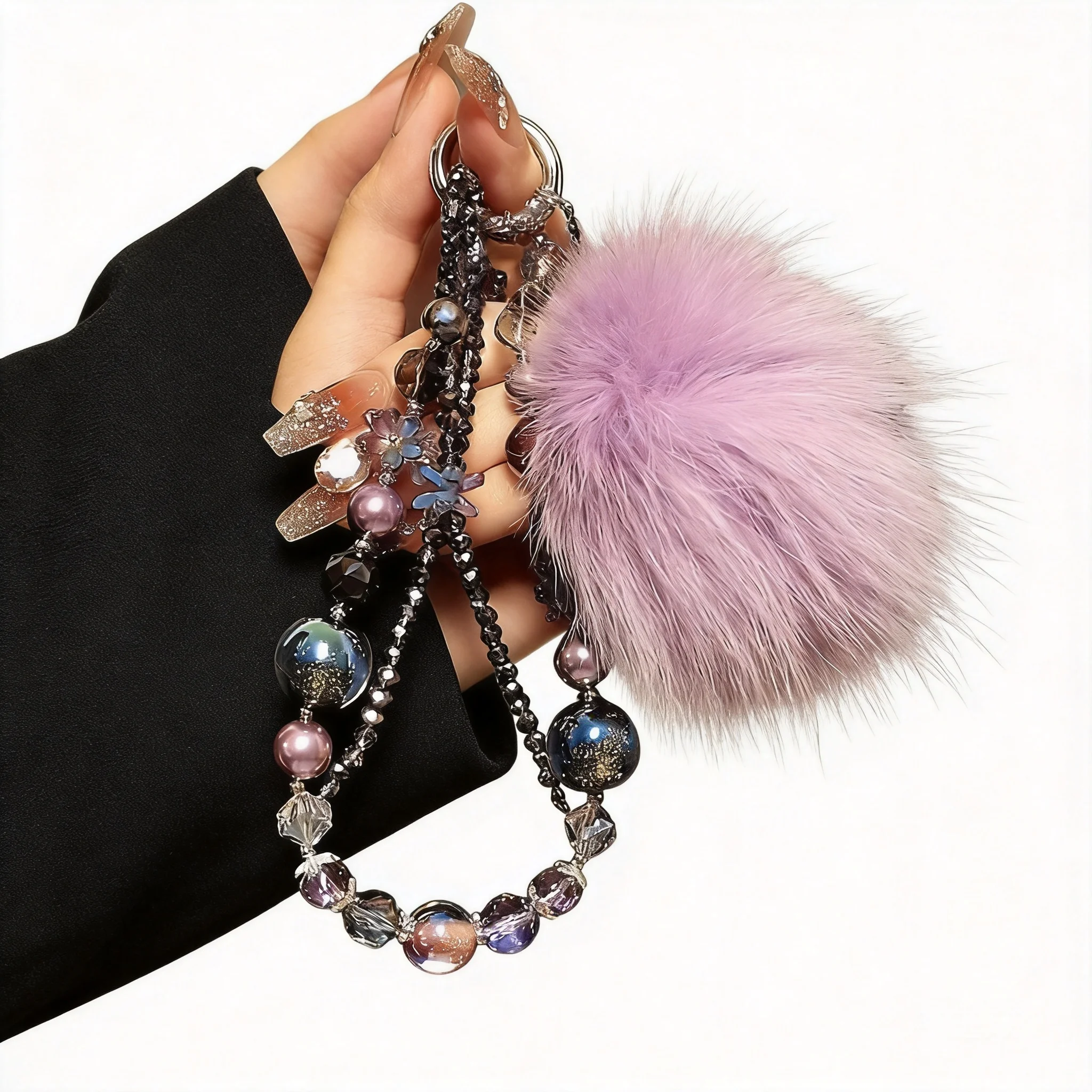 

Chinese Style Lucky Auspicious Starry Sky Crystal Beaded Wrist Phone Lanyard With Fluffy Purple Fox Fur Pom Pendant Winter Acces