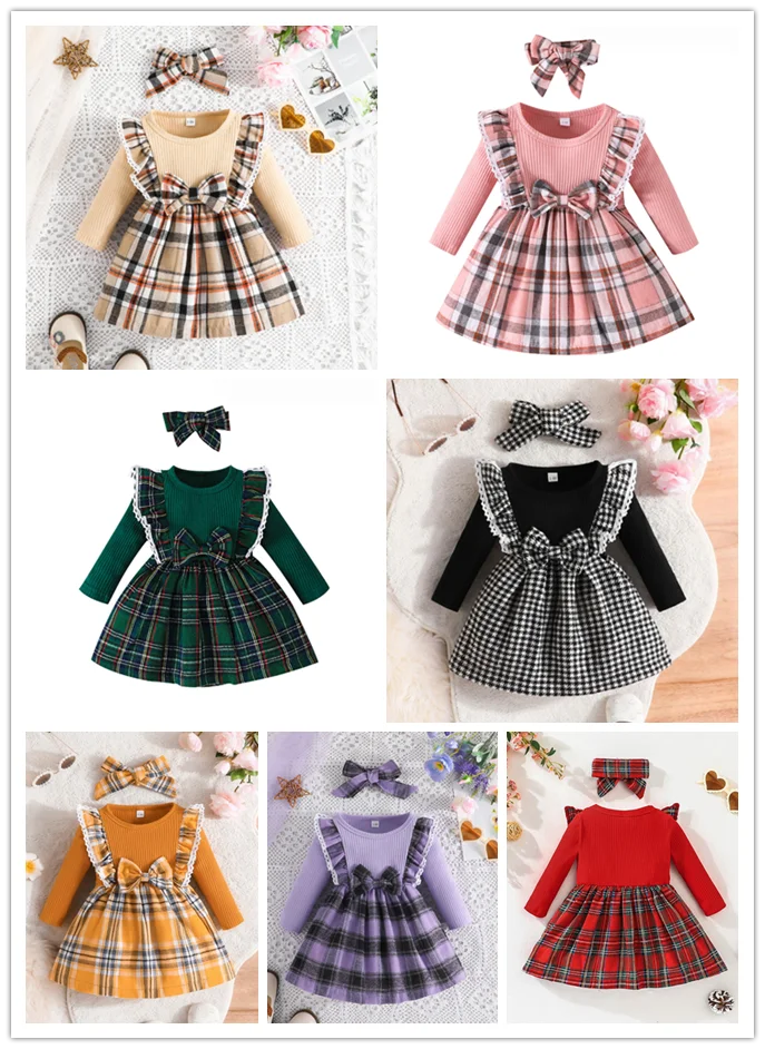 

AINS Princ Long Sve Dr клетчатая лоскутная кружевная весенне-осенняя детская одежда юбка из смеси хлопка и полиэстера для девочек