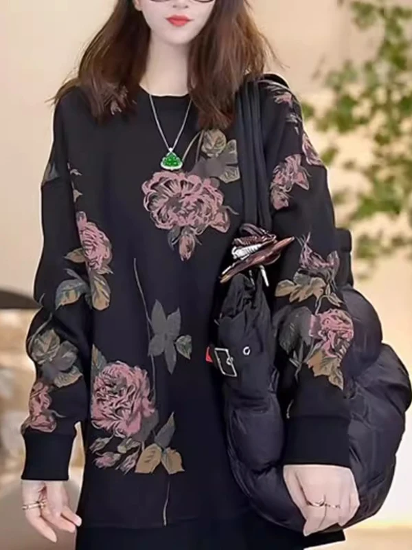 เสื้อสเวตเตอร์พิมพ์ลายทรงยาวสไตล์เรโทร ไซส์ใหญ่ 300 ปอนด์ สำหรับผู้หญิง ฤดูใบไม้ร่วง ฤดูหนาว เสื้อคลุมสไตล์เกาหลี ลายดอกไม้