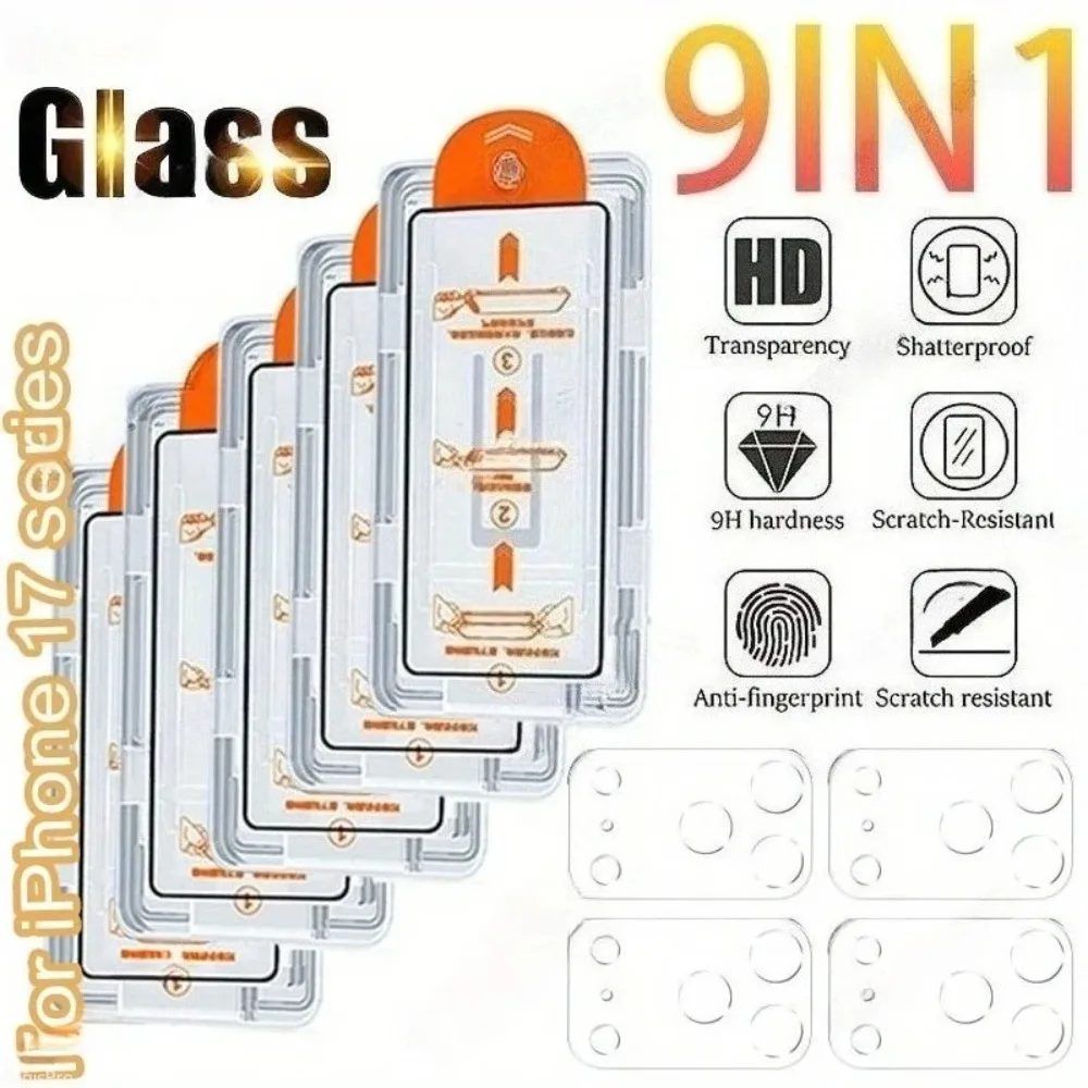 

9in1 One-click Dust Removal High-Definition Film for iPhone Air 17 Pro Max 16 Pro 15 Plus 14 13 12 11 Tempered Glass Camera Lens