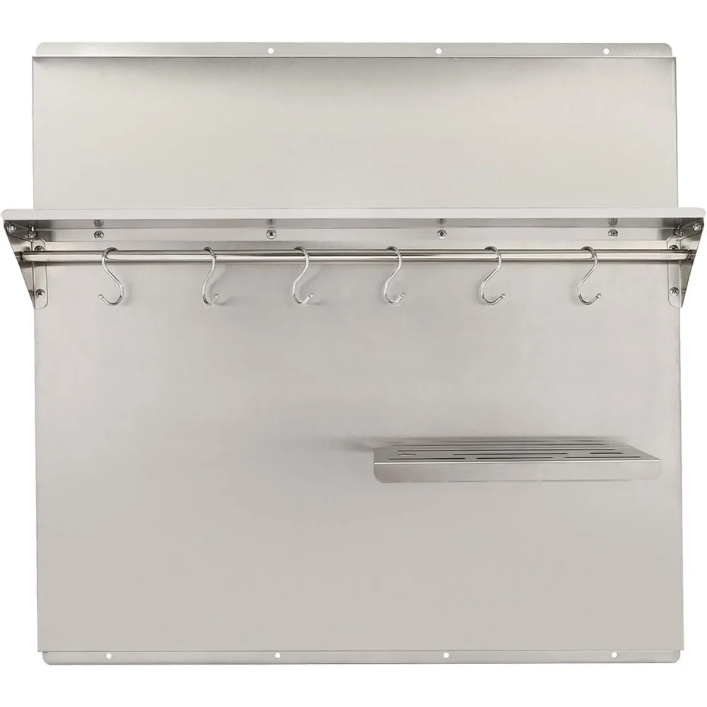 Stainless Steel Stove Range Backsplash Splatter Guard Utensil Holder and Cleaning Towel with Storage Shelf and Hanging Rack