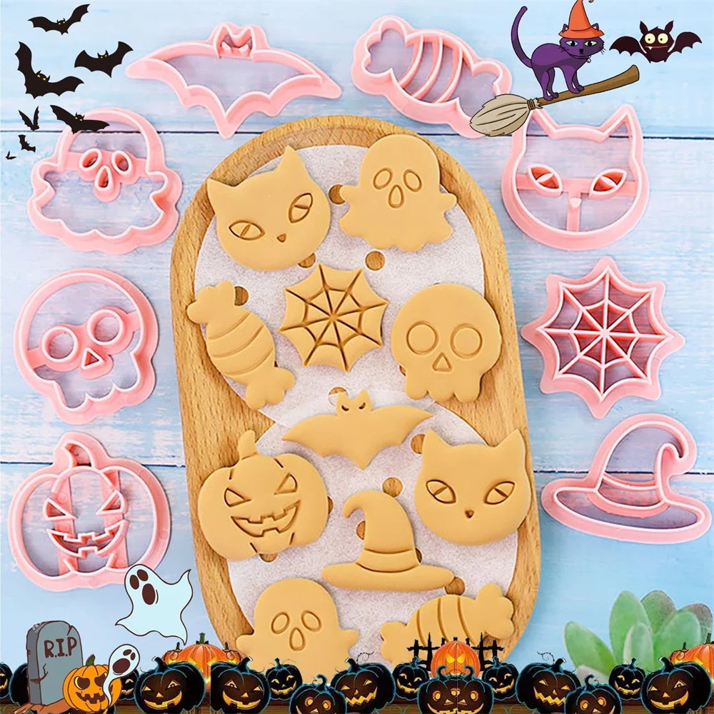 8 Halloween Cookie Cutters, 3D Spooky Raised Design Cookie Stamps, Cookie Cutter Set Frosting Decoration, Day of the Dead Decora