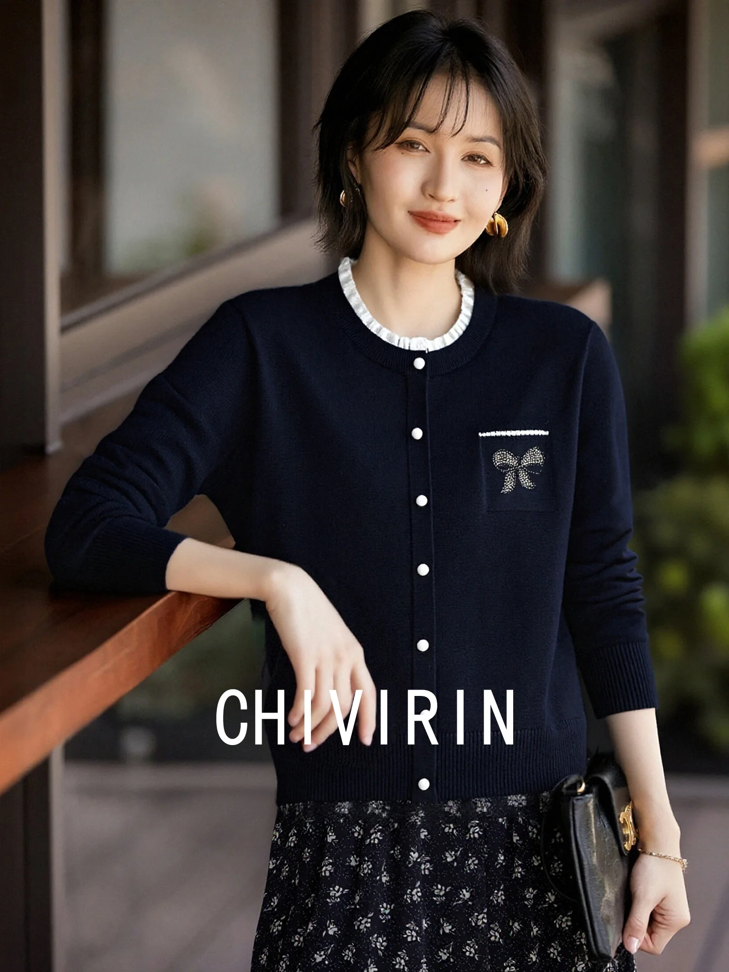 

Chivirin 2026 Spring New round Ne Sequin Knitted ort Cardigan Women's Small Size Elegance Fake Two-Piece Sweater Butterfl...
