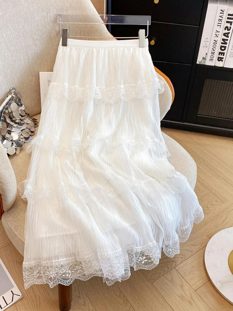 

Lace Splicing Net Cake Half Skirt Women's Spring Summer High Waist Slim A-Line Umbrella Skirt Sweet Style with Inner
