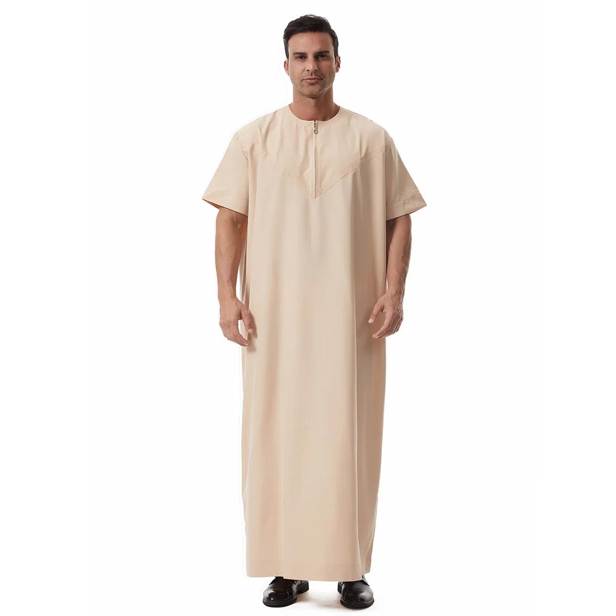 Men Jubba Thobe Eid Muslim Man Dress Long Robe Zipper Short Sleeve Ramadan Saudi Abaya Caftan Dubai Arabic Daffah Dishdasha Gown