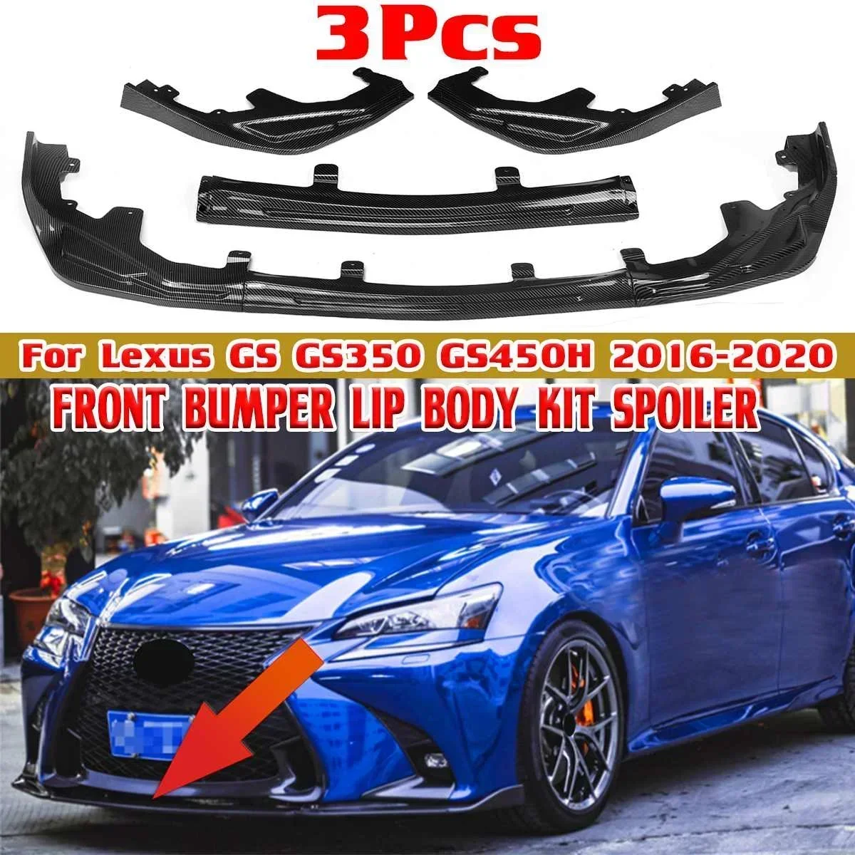 

Carbon Fiber Look/Black Car Front Bumper Splitter Lip Diffuser Protector Cover For LEXUS GS350 GS450H F-Sport 2016-2020 Body Kit