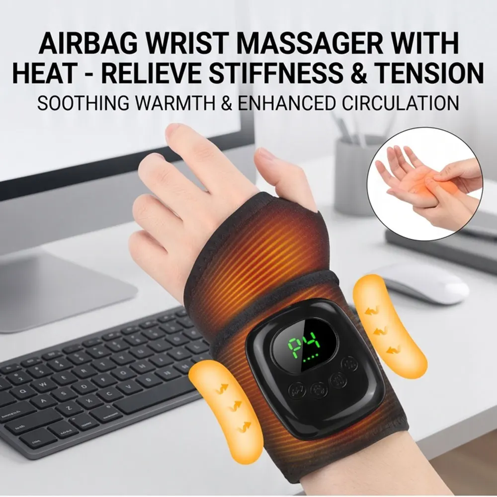 Portable Cordless Air Compression Wrist Massager 4 Modes 4 Intensities 3 Heat Settings Rechargeable Wrist Wrap for Daily Use