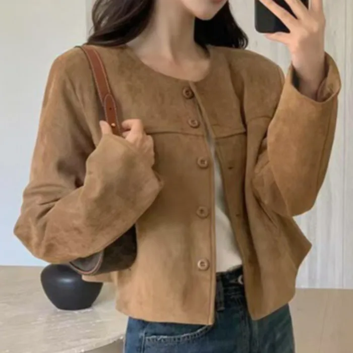 スリムスエードジャケット レディース ファッション ヴィンテージデザイン 秋冬 ストレートカット オルトコート カジュアル エレガント 多用途ジャケット