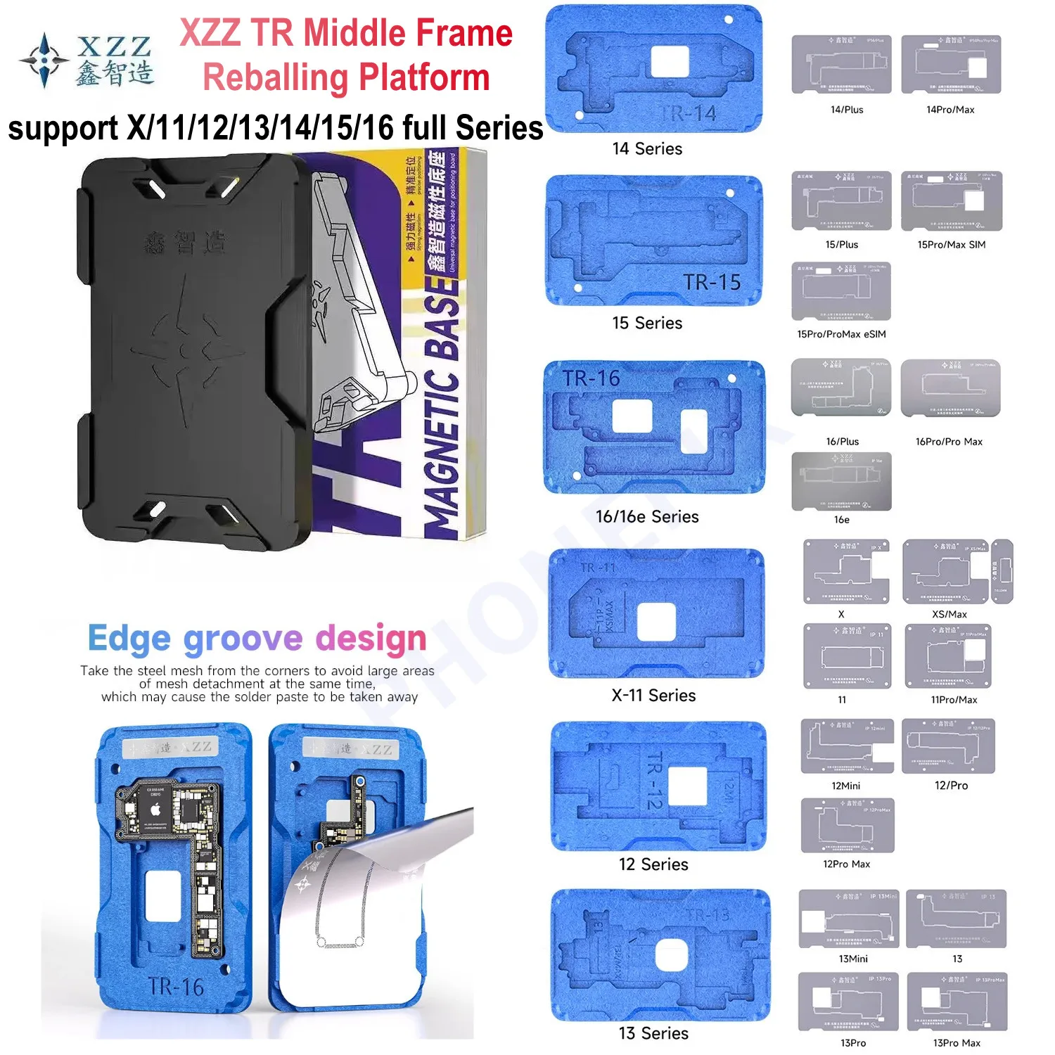 XZZ TR Motherboard Middle Layer Planting Tin Platform 3D Reballing Stencils Kit for iPhone X/11/12/13/14/15/16/17 Pro Max Repair