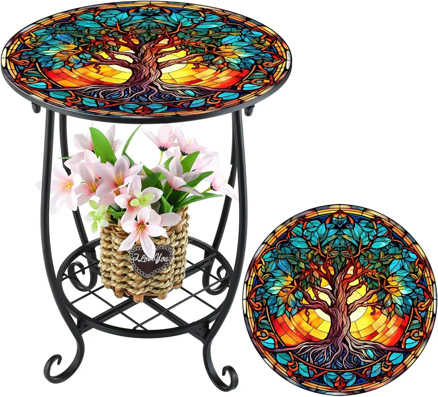 

Круглый мозаичный приставной столик для патио и гостиной - дизайн с бабочками, 14 дюймов, из нержавеющего металла