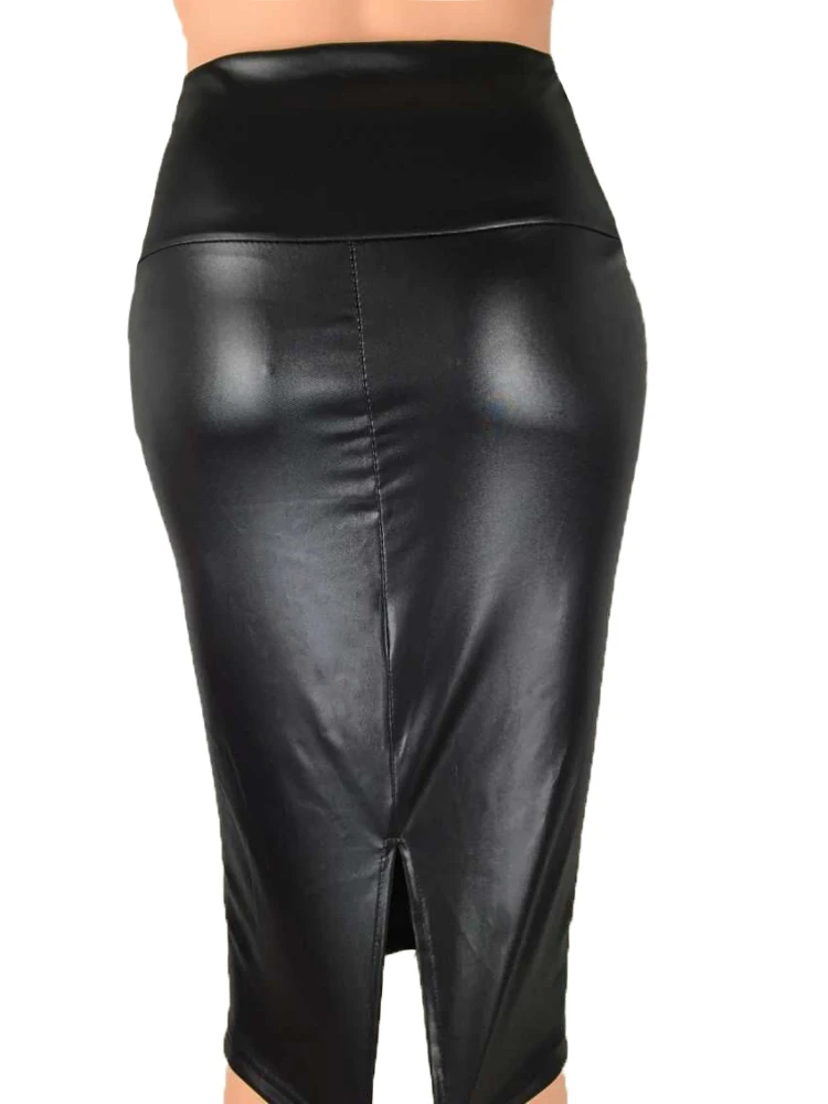 Vintage matte Farbe Pu Imitation Leder zurück Split Rock Frauen hohe Taille schlanke Midi Röcke Büro Dame Bodycon Rock Club Party