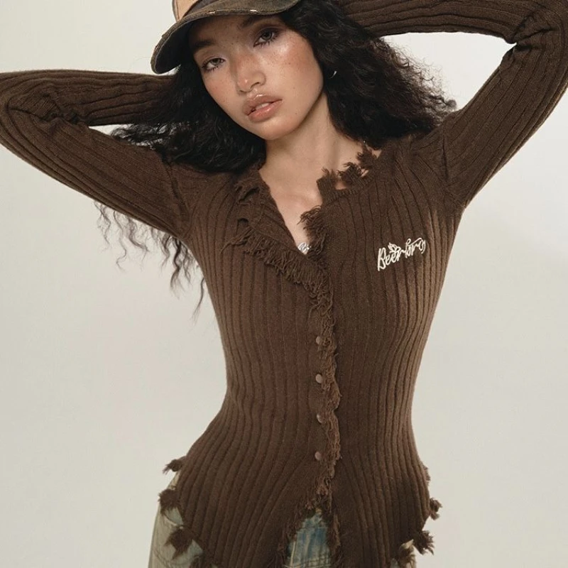 

Juspinice American Sexy Style Sweater for Women Autumn V-neck High Stretch Single Breaste Slim Fit Jumpers Tops Female Clothing
