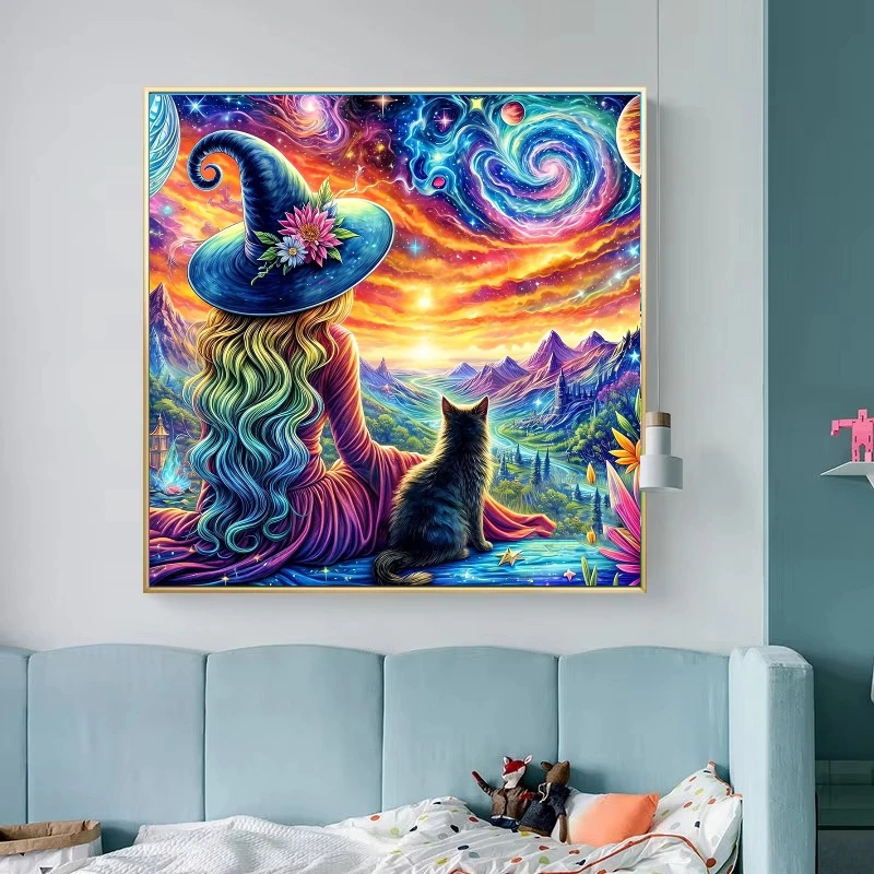 Fantasy Rainbow Witch With Black Cat Cosmic Galaxy Mountain Sunset Landscape Artwork Oil Painting By Numbers No Frame