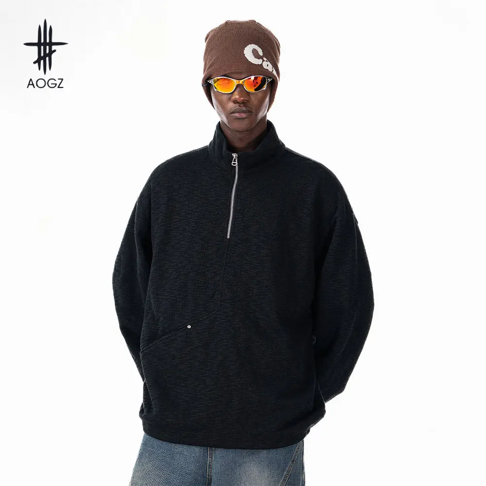 

AOGZ American Vintage Half-zip Stand Collar Drawstring Loose Long Sleeves Sweatshirt Pullovers Men Women Hip Hop Streetwear Tops