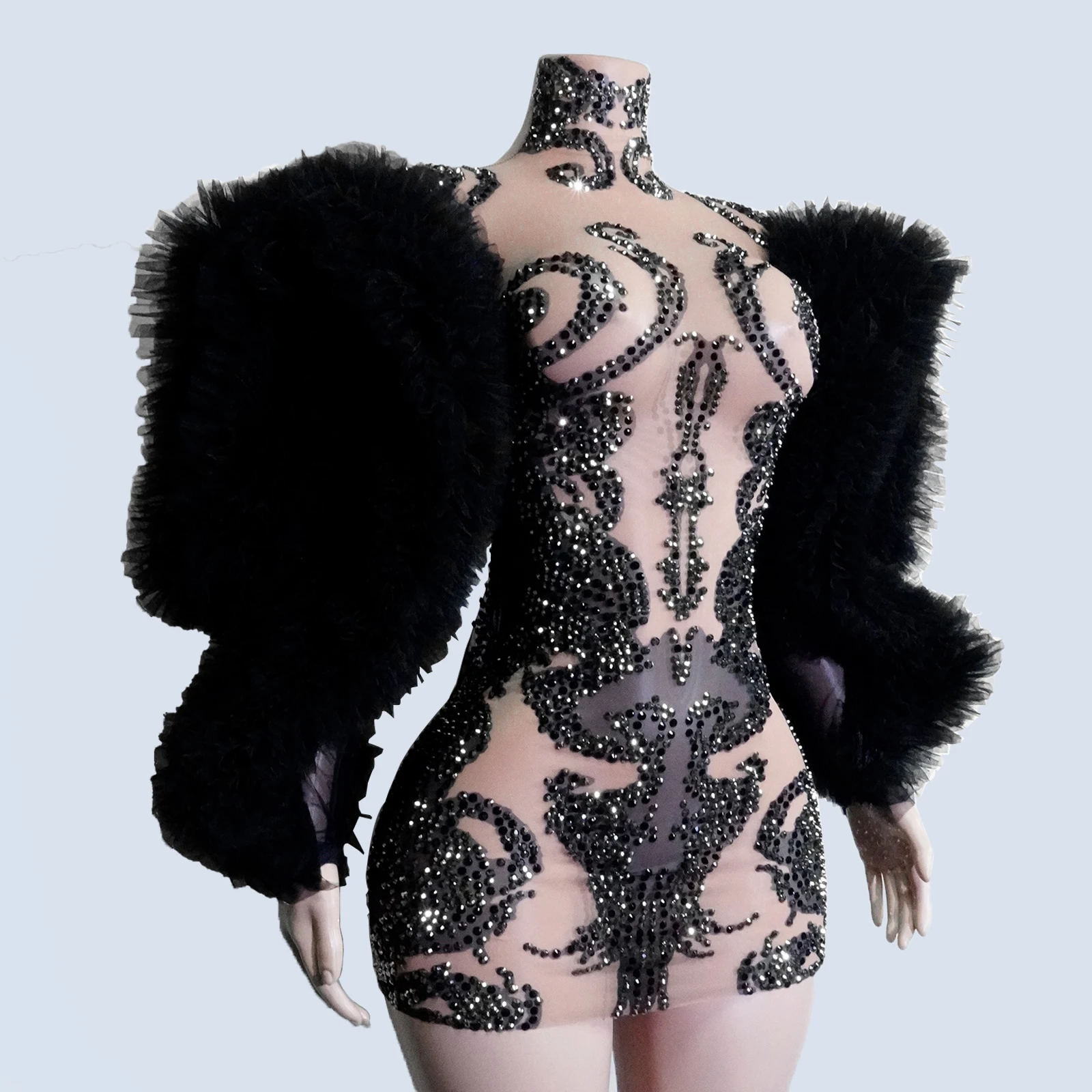 

Sexy Black Rhinestones See-through Dress Mesh Big Sleeve Drag Queen Outfit Gogos Singer Prom Performance Birthday Jazz NightClub