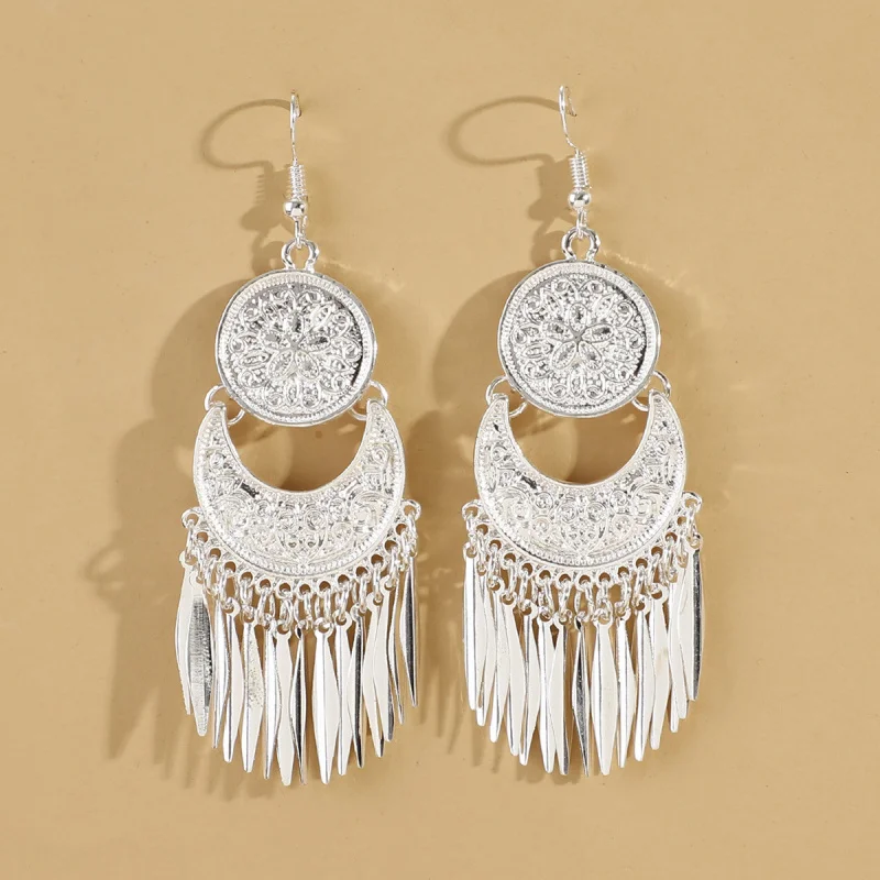 

European and American Fashion Bohemian Indian Ethnic Style Retro Totem Coin Tassel Earrings Accessories Gift
