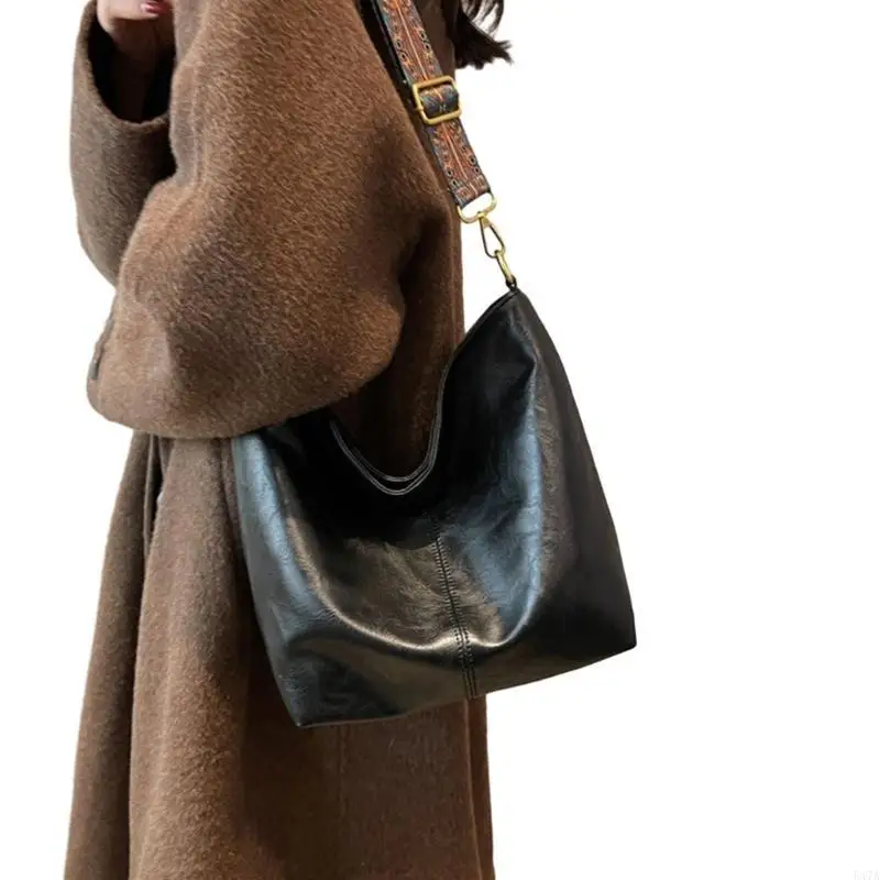 

Wide Strap Bucket Bag Large Capacity Commute Bag Vintage Crossbody Bag Handbag 547A