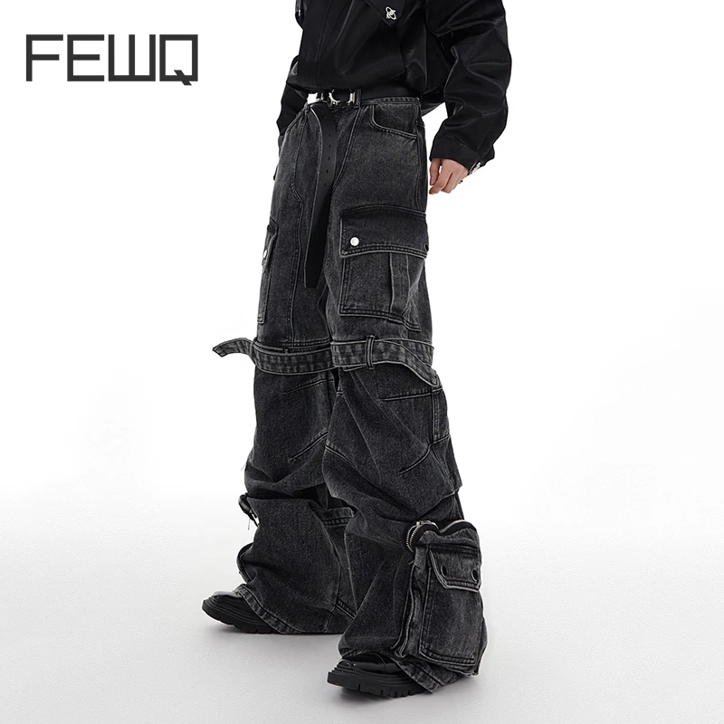 FEWQ Niche Washed Multi Pocket Jeans Strap Design Wide Leg Workwear Men Pants 2023 Autumn New Darkwear Fashion Trousers 24X1350