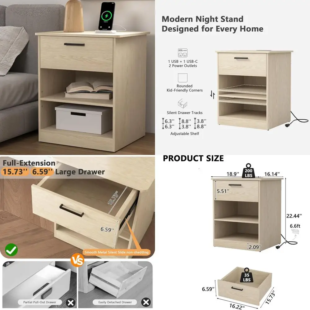 

USB-C Charging Station Nightstand, Modern Bedside Table with AC Outlets, Large Drawer Storage, Contemporary Design for Bedrooms