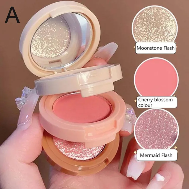 Paleta de polvo prensado de maquillaje 3 en 1, bronceador brillante, colorete, resaltador, Kit de cosméticos, Naranja, Rosa, mate, colorete, cara brillante