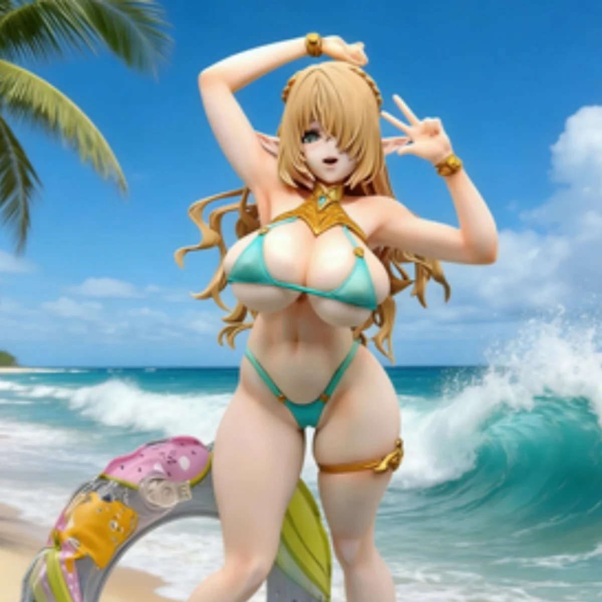 Figura de la octava habitante del pueblo, modelo de figura de anime de la hermosa chica elfa del pueblo de Cecil con círculo de natación, adorno de escritorio